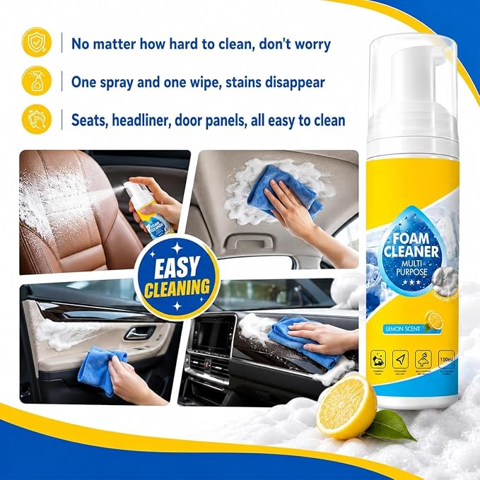 4-in-1 Multi-Purpose Foam Cleaner, All-Purpose Deep Cleaning Spraywith Sponge & Towel for Car Interior, Kitchen Grease, Bathroom Tiles, Sofa Upholstery (1 PCS)