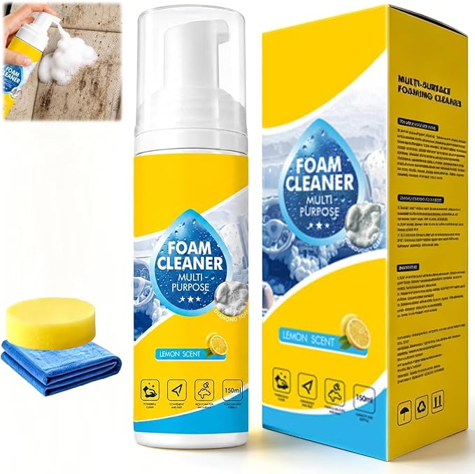 4-in-1 Multi-Purpose Foam Cleaner, All-Purpose Deep Cleaning Spraywith Sponge & Towel for Car Interior, Kitchen Grease, Bathroom Tiles, Sofa Upholstery (1 PCS)